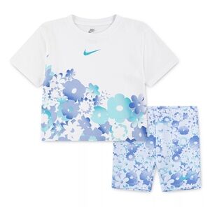 Nike White Crop Tee & Floral Bike Shorts Set with Blue Aqua Print